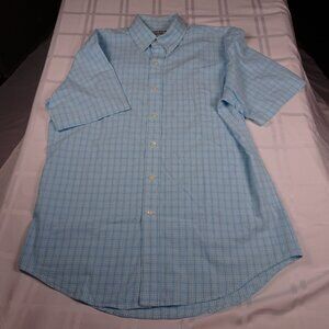 Izod Teal/Blue Plaid Shirt Cotton Short Sleeves Buttoned Collar Men's M